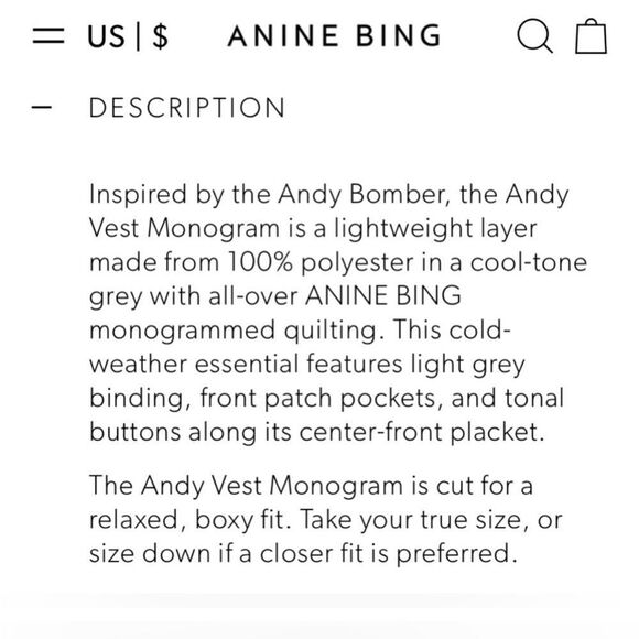 Anine Bing Andy Black Quilted Monogram Vest Pockets‎ Women’s Size Large - Picture 13 of 14